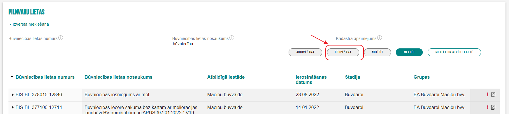 Attēls. Būvniecības lietu masveida grupēšanas funkcionalitātes izvēle