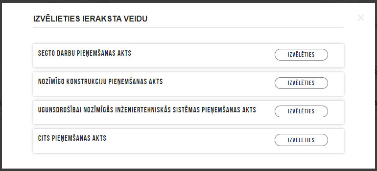 Attēls. Jauna ieraksta veida izvēle sadaļā %22Pieņemšanas akti%22.