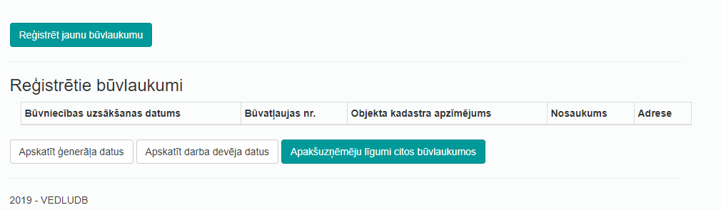 Attēls. Būvlaukumu reģistrēšanas iespējas VEDLUDB.