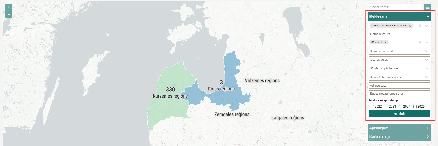 Attēls. Meklēšanas kritēriji kartē.