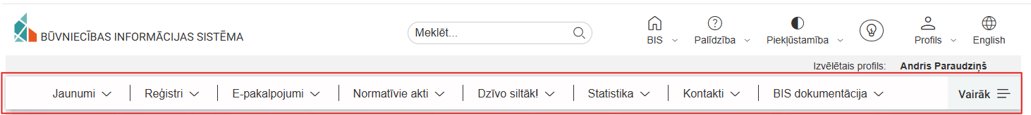 Attēls. BIS Mājas lapas sadaļu horizontālā navigācija.