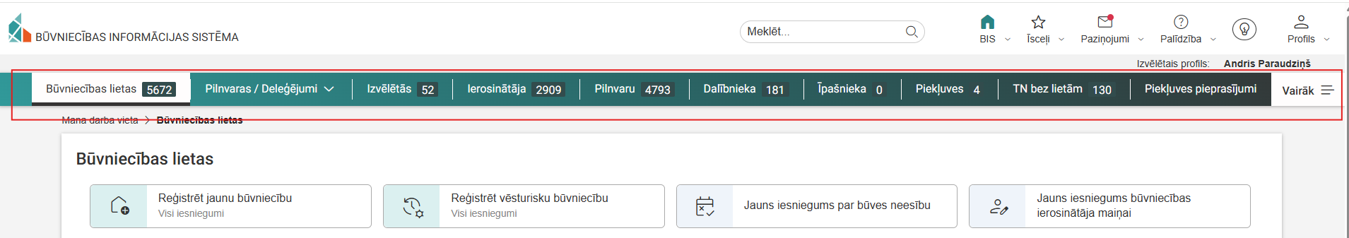 Attēls. Horizontālā navigācija sadaļām darbam ar būvniecības lietām.