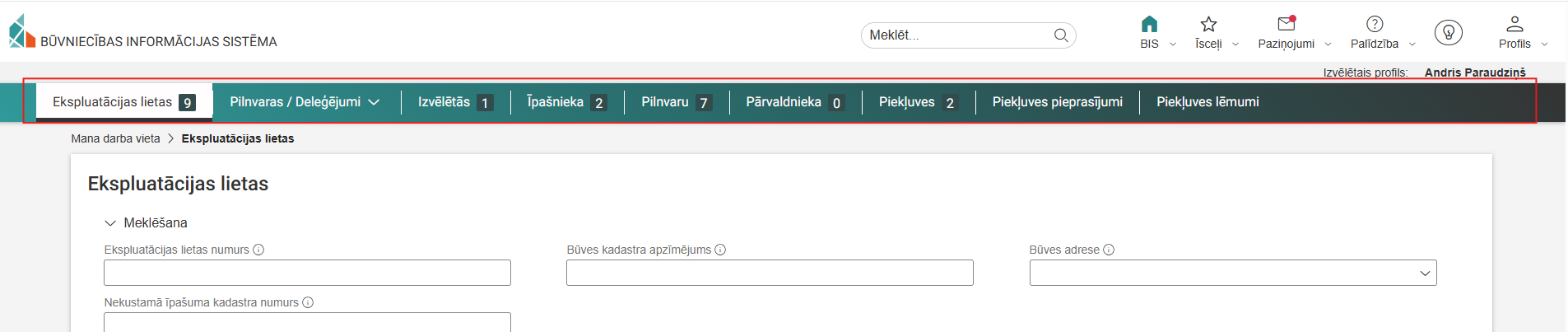 Attēls. Horizontālā navigācija sadaļām darbam ar ekspluatācijas lietām.