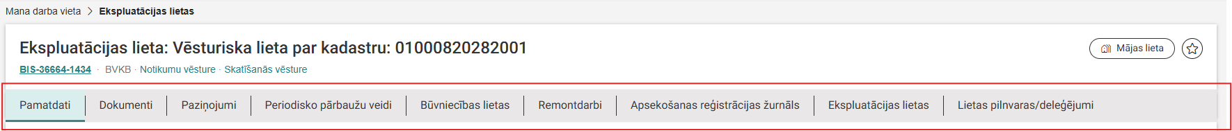 Attēls. Horizontālā navigācija apakšsadaļām Ekspluatācijas lietā.