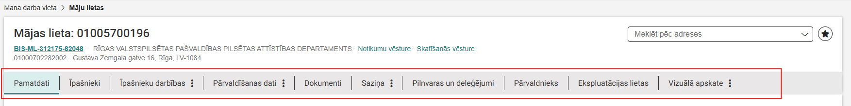 Attēls. Horizontālā navigācija apakšsadaļām Mājas lietā.