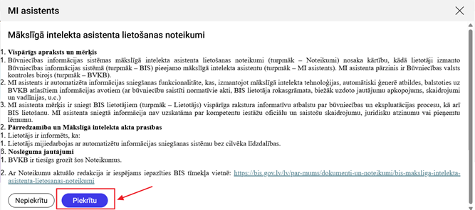 Attēls. MI asistenta noteikumu apstiprināšana