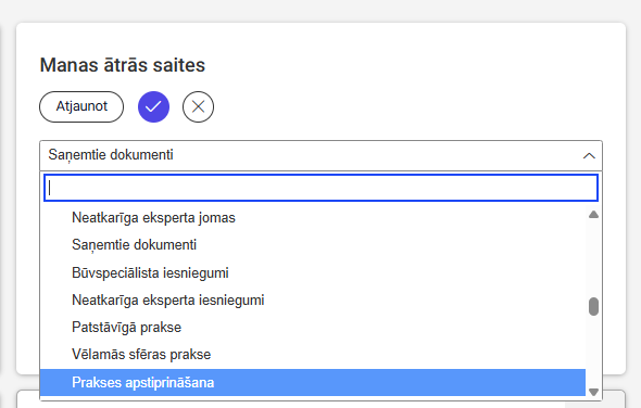 fig: Attēls. Sadaļu izvēle ātro saišu konfigurācijā.