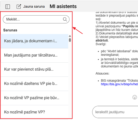 Attēls. MI asistenta izvēlne