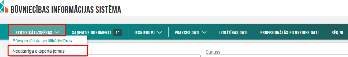 Attēls. Atvērt sadaļu %22Neatkarīga eksperta jomas%22.