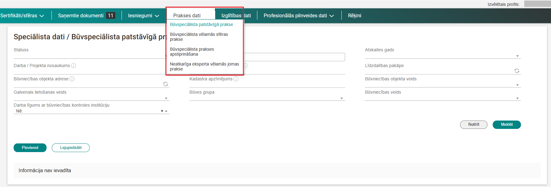 Attēls. Izvēlne - Prakses dati