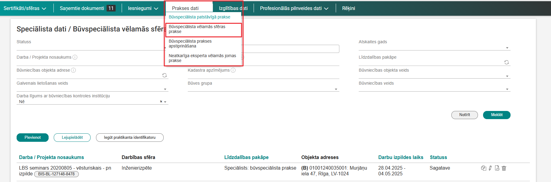Attēls. Būvspeciālista vēlamās sfēras prakses datu saraksta atvēršana.