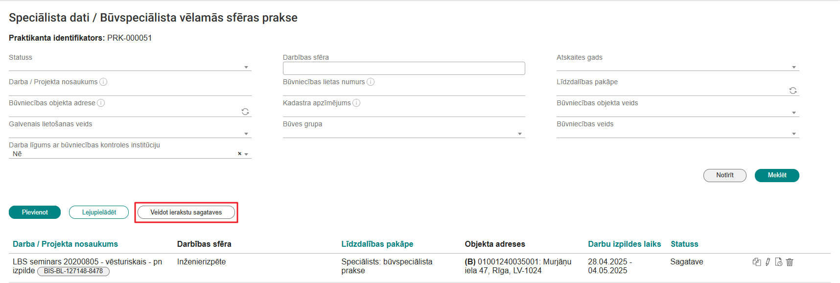 Attēls. Veidot vēlamās sfēras prakses ierakstu sagataves masveidā.
