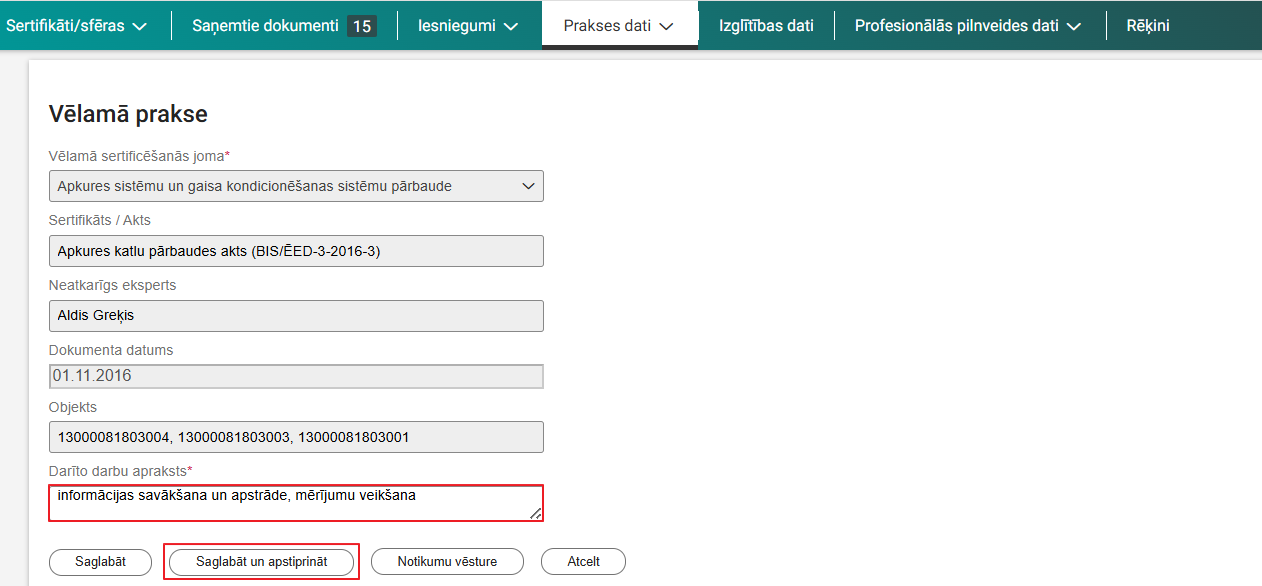 Attēls. Saglabāt un apstiprināt ierakstu.