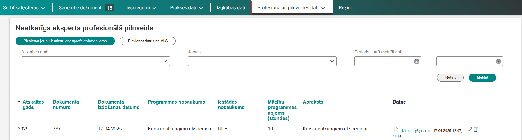 Attēls. Sadaļa Neatkarīga eksperta profesionālā pilnveide.