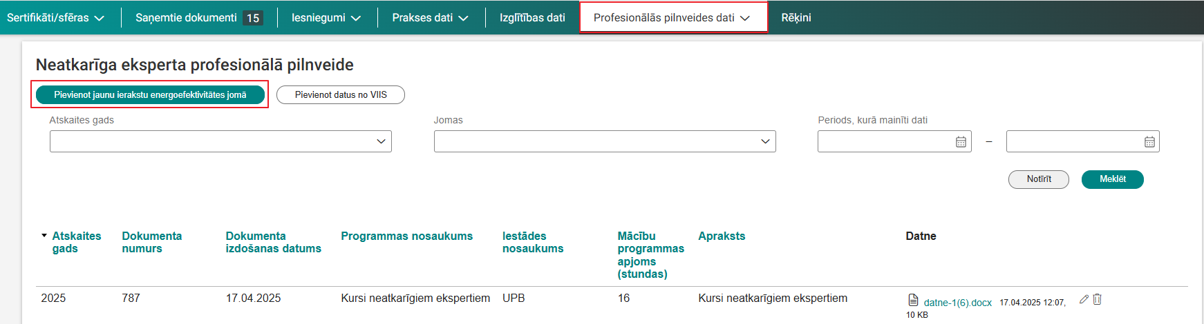 Attēls. Pievienot jaunu ierakstu energoefektivitātes jomā.
