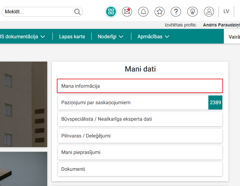 Attēls. Sadaļas %22Mana informācija%22 izvēle.