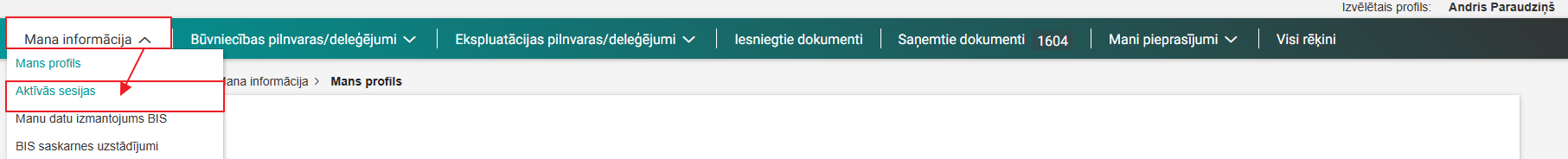 Attēls. Sadaļas %22Aktīvā sesija%22 izvēle