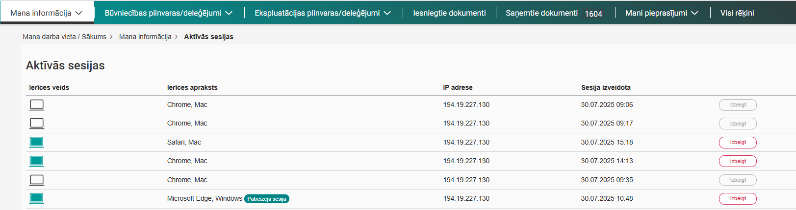 Attēls. Lietotāja aktīvās sesijas