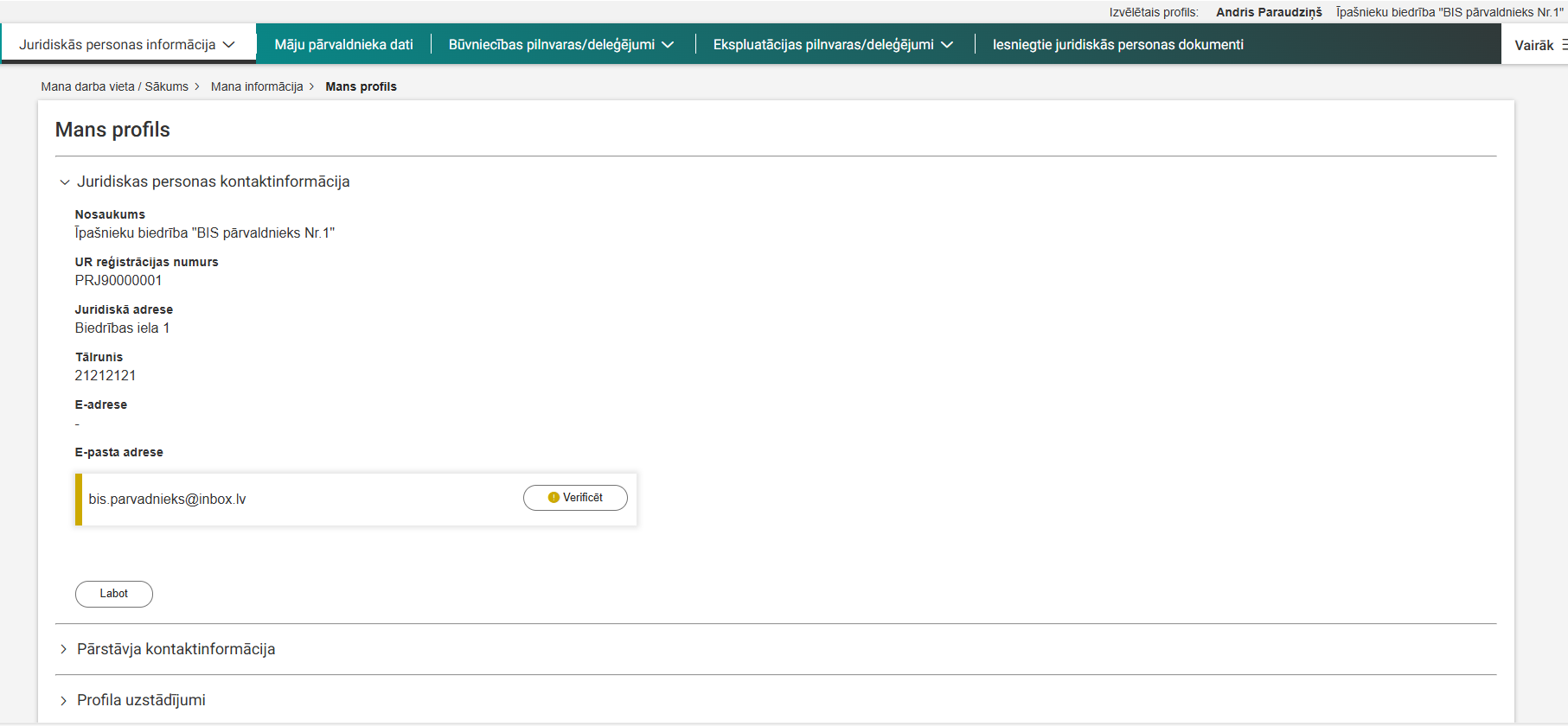 Attēls. Juridiskas personas profils.