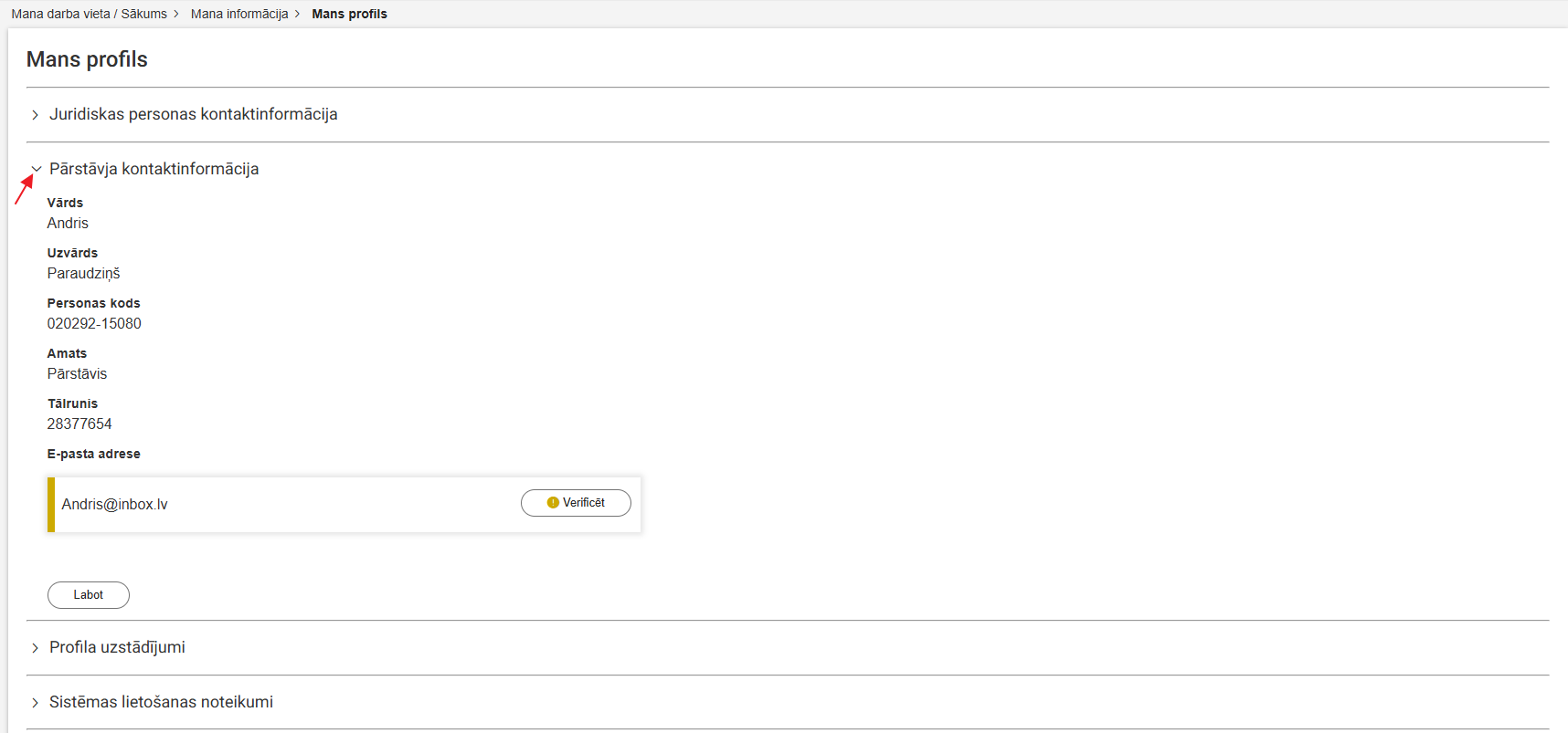 Attēls. Juridiskas personas profils. Bloks %22Pārstāvja kontaktinformācija%22.