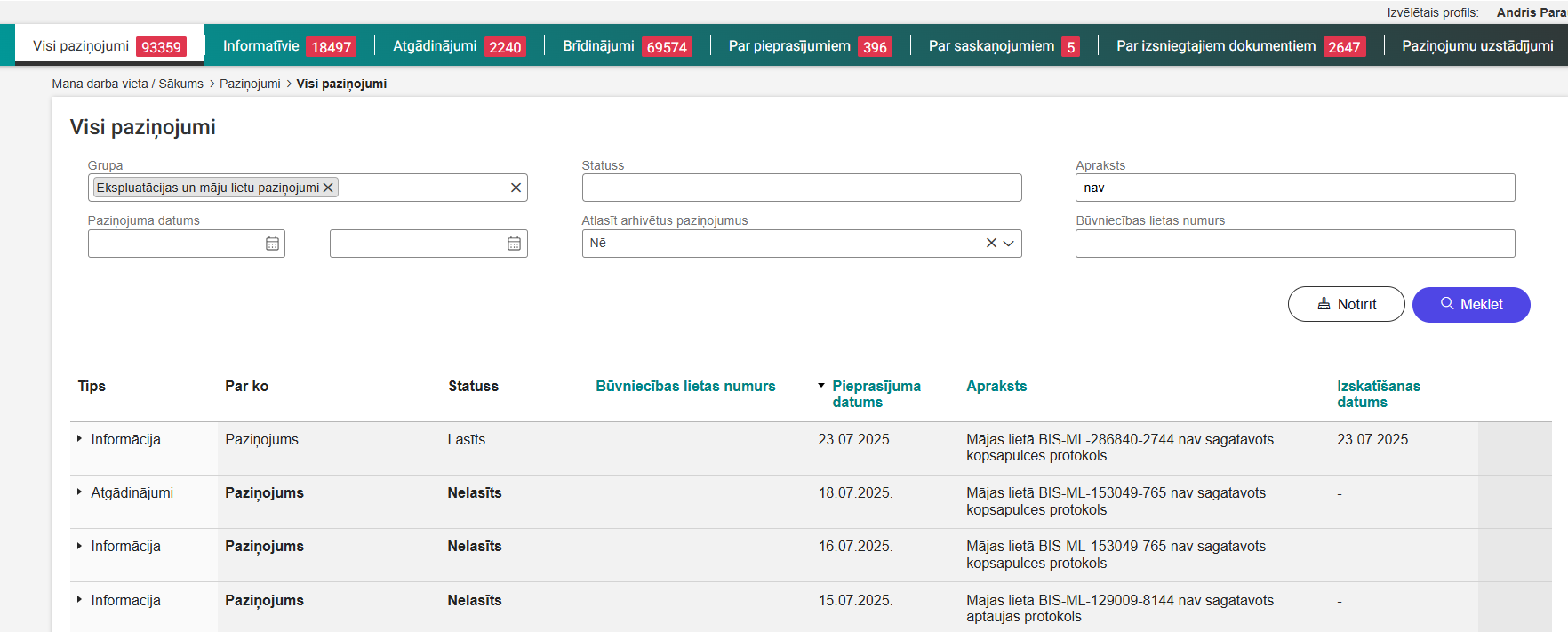 Attēls. Paziņojumu saraksts.