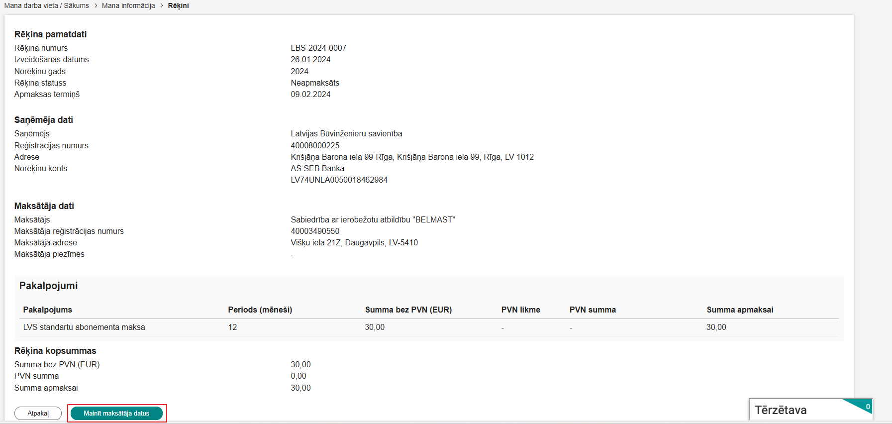 Attēls. Mainīt maksātāja datus.