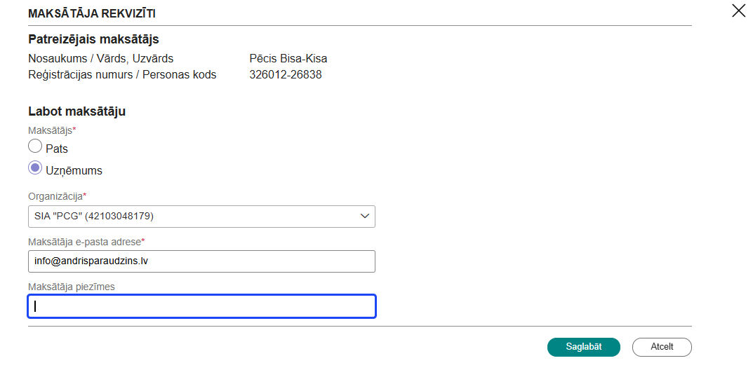 Attēls. Rēķina maksātāja datu labošana.
