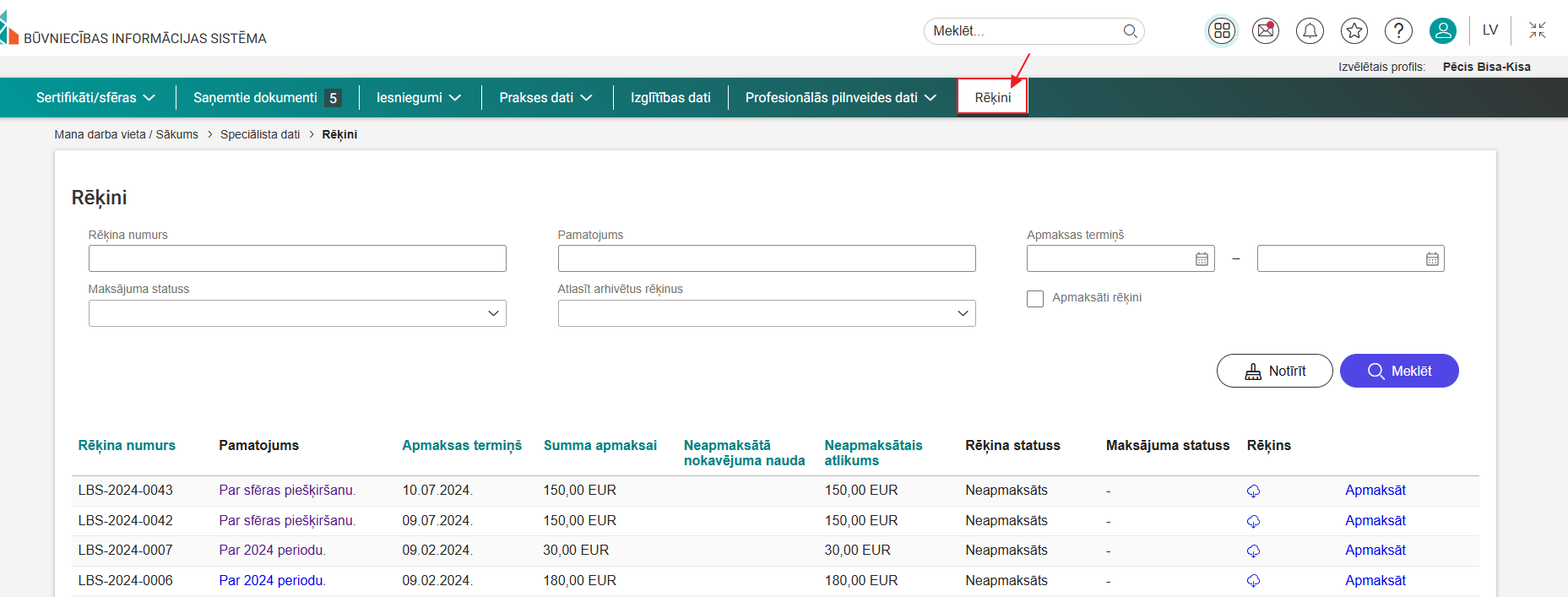 Attēls. Atvērt sadaļu %22Rēķini%22.