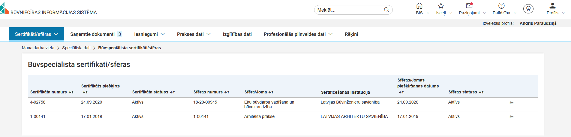 Attēls.Būvspeciālista sertifikāti un sfēras.