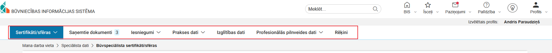Attēls. Galvenā izvēlne Būvspeciālista / Neatkarīga eksperta darba vietā.
