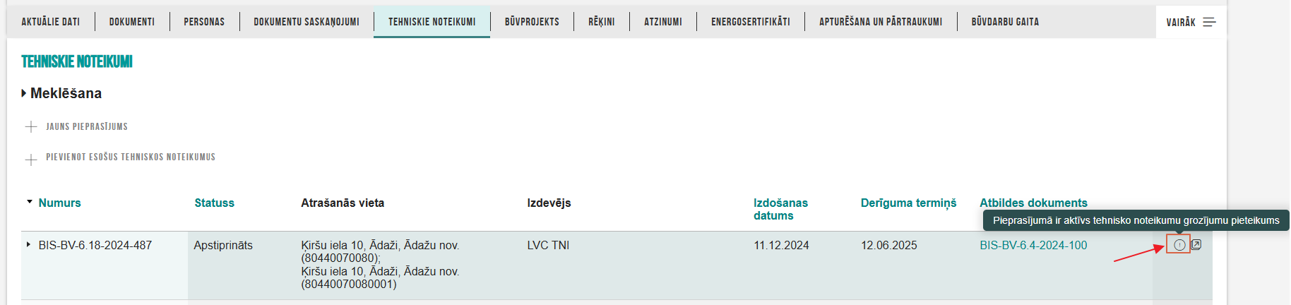 Attēls. Grozījumu pieteikuma vizuāla zīme sarakstā.
