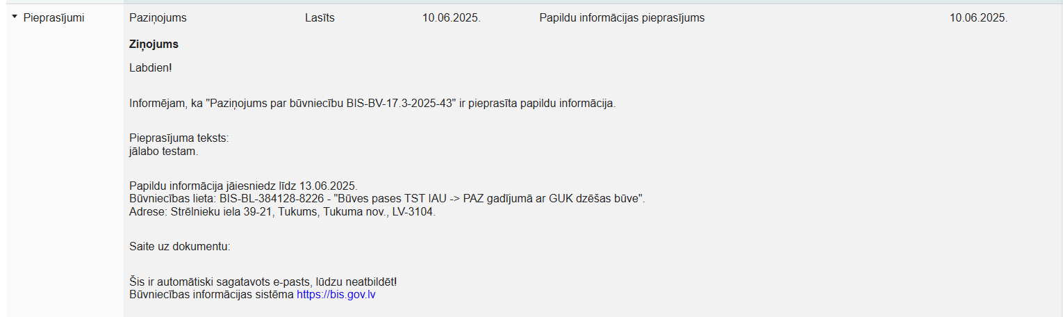 Attēls. Paziņojums par papildu informācijas pieprasījumu.