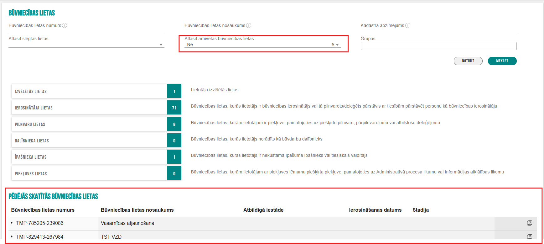 Attēls. Nearhivētās un pēdējās skatītās būvniecības lietas.