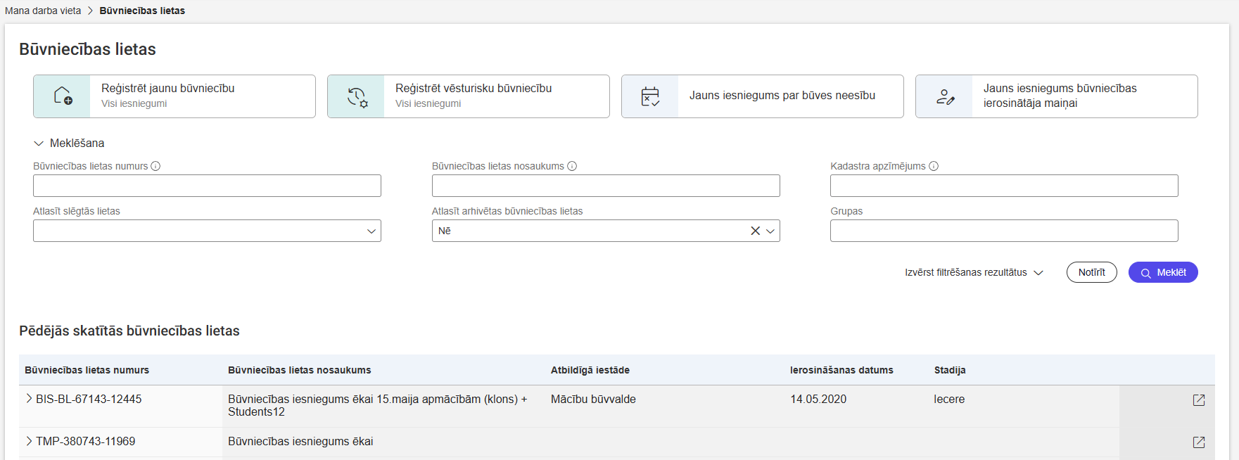 Attēls. Būvniecību lietu saraksts ar pēdējām skatītām lietām.