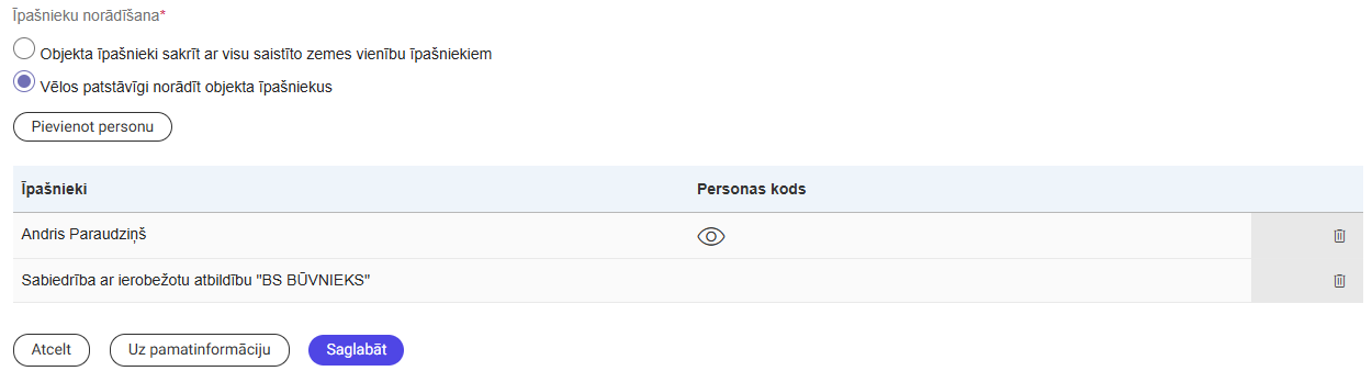 Attēls. Pievienoto personu (īpašnieku)saraksts.