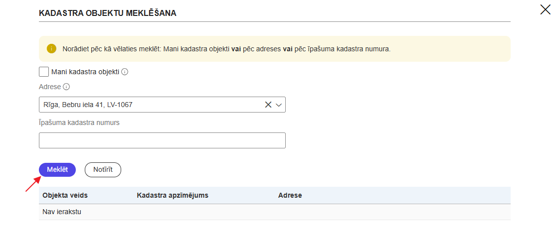 Attēls. Tehnisko noteikumu pieprasīšana bez būvniecības lietas – kadastra objektu meklēšana.