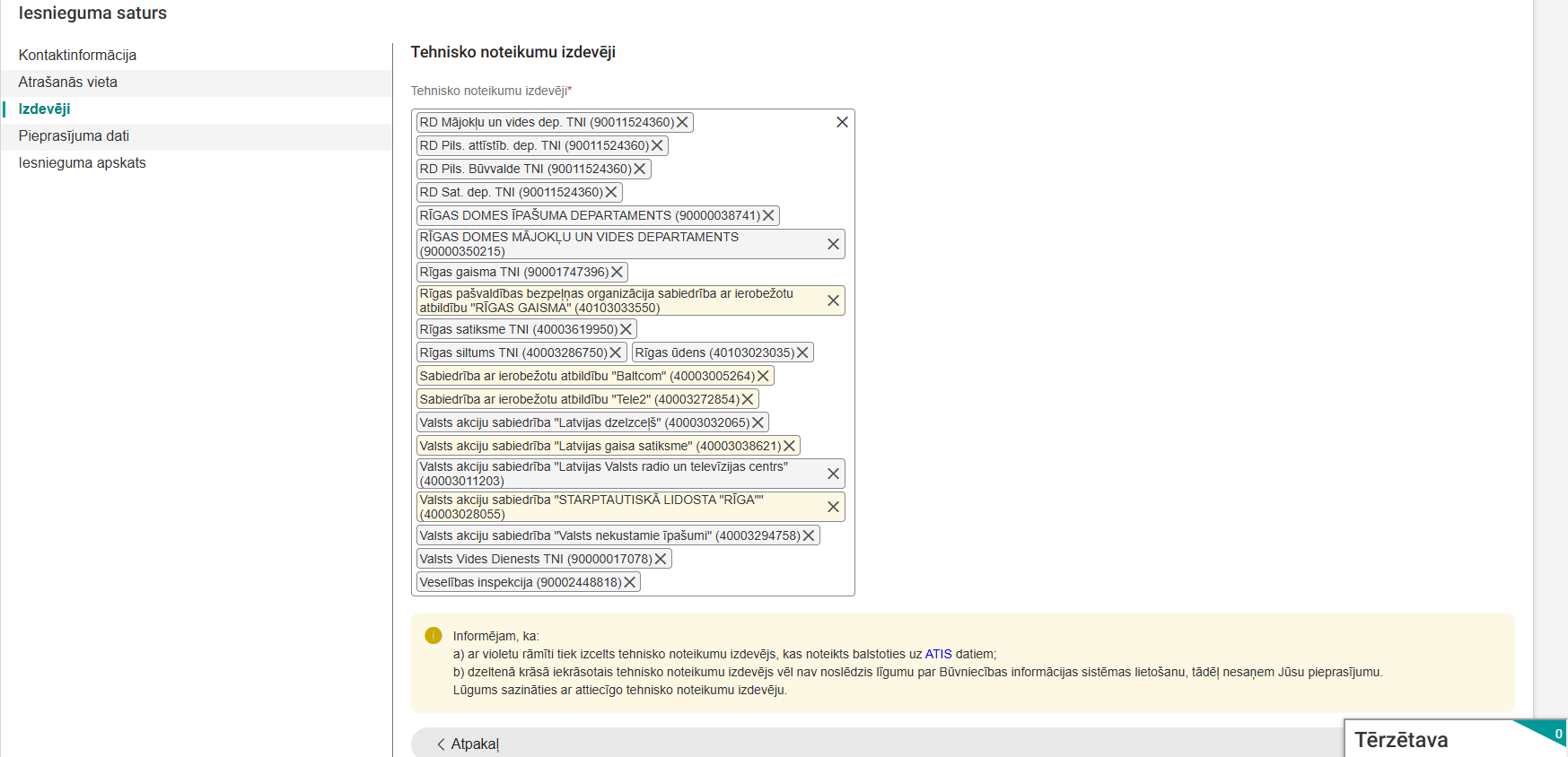 Attēls. Tehnisko noteikumu pieprasīšana bez būvniecības lietas – solis %22Izdevēji%22.