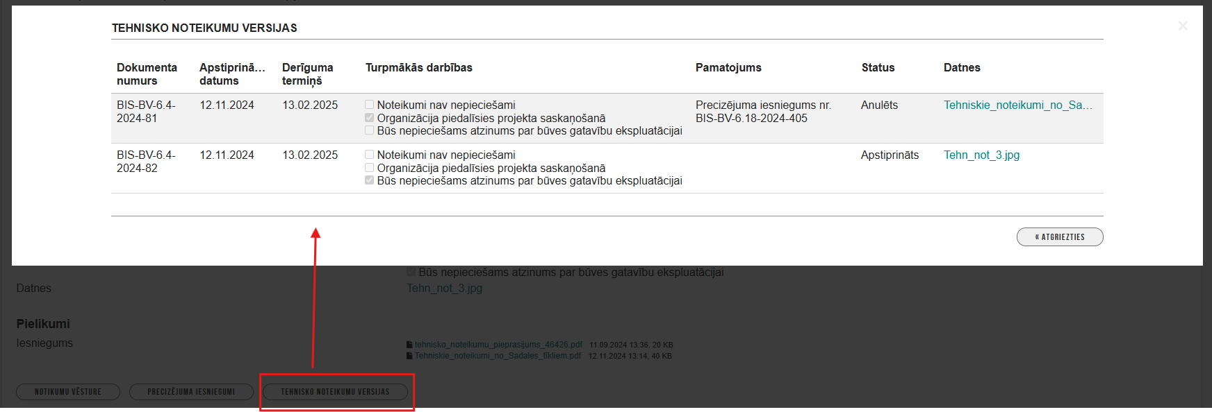 Attēls. Tehnisko noteikumu versijas saraksts BL.