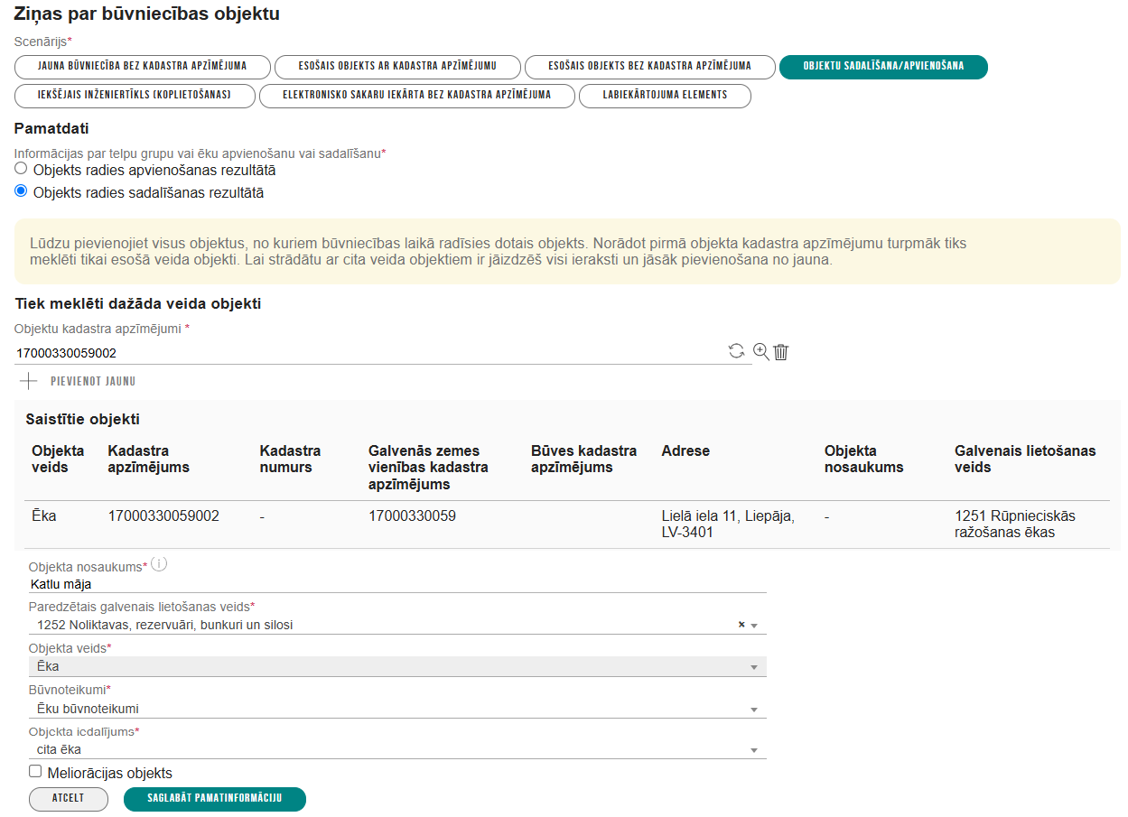 Attēls. Objekta pamatinformācija %22Objektu sadalīšana/apvienošana%22.