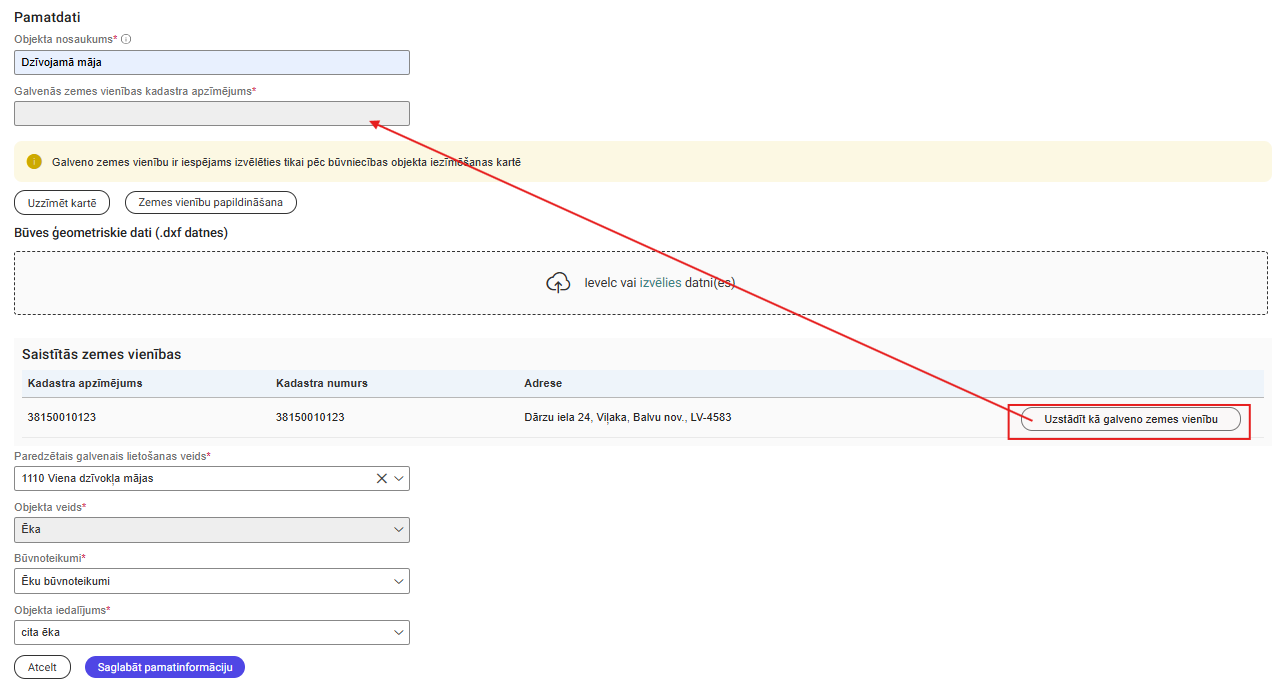 Attēls. Galvenās zemes vienības uzstādīšana.
