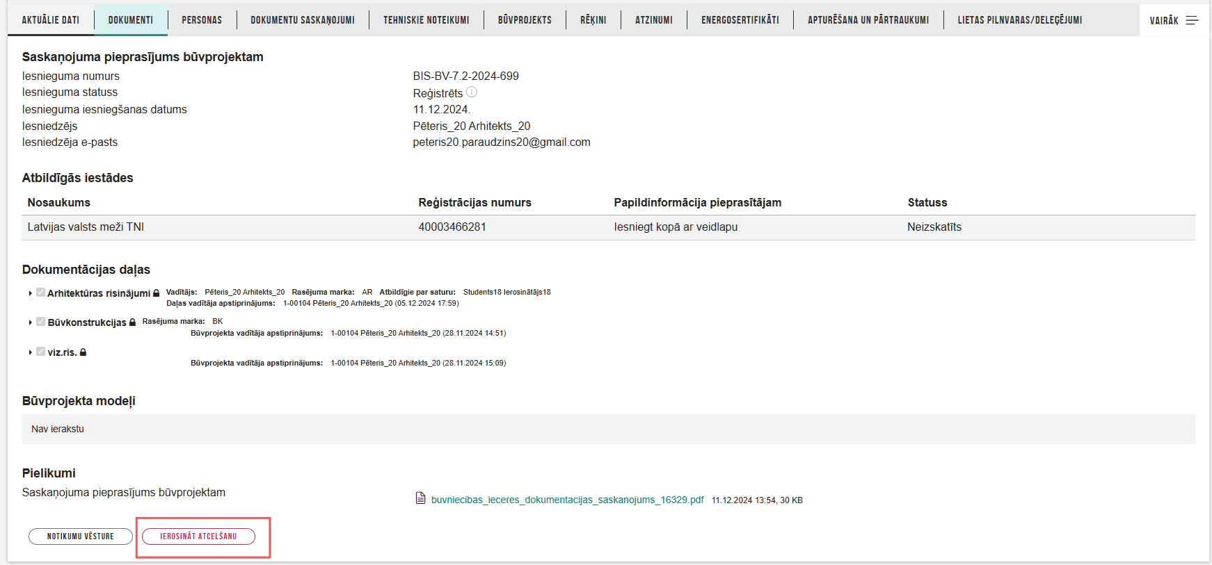 Attēls. Būvprojekta saskaņojuma opcija ierosināt atcelšanu.