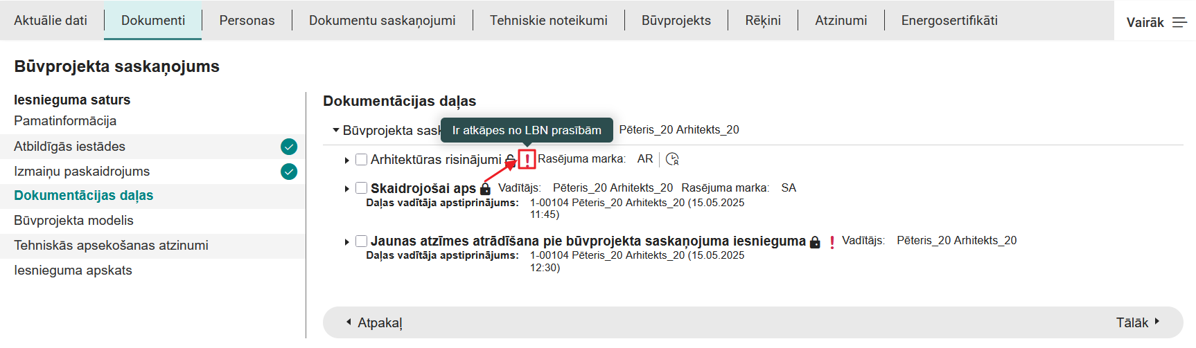 Attēls. %22Būvprojekta saskaņojums%22 solis %22Dokumentācijas daļas%22 - atzīme par atkāpēm no LBN prasībām.