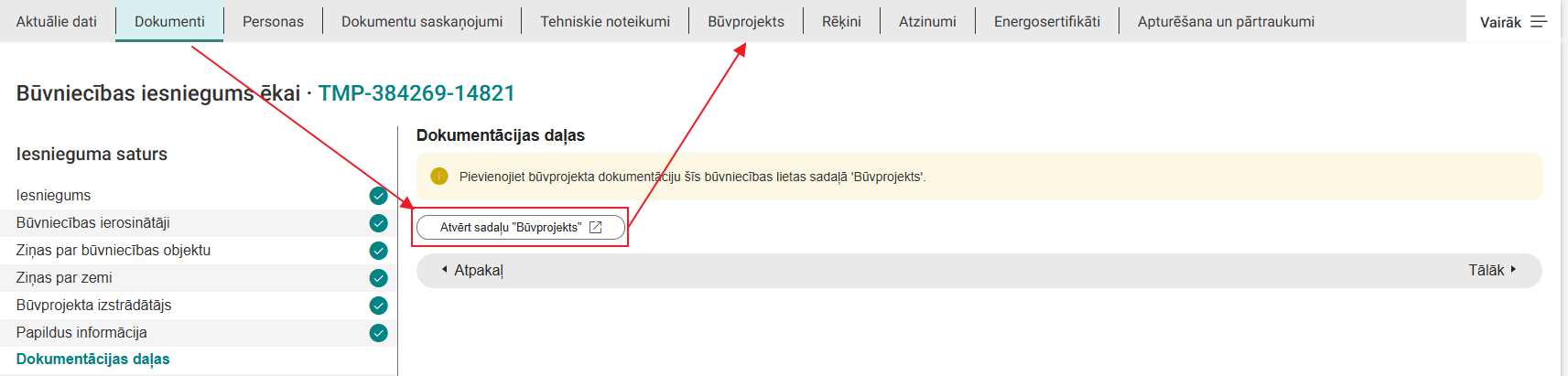 Attēls. Atvērt Būvprojektu no būvniecības ieceres iesnieguma.
