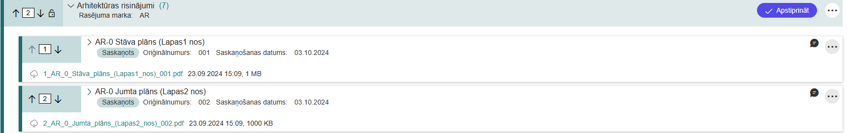 Attēls. Apstiprināšanas opcija pie daļas.