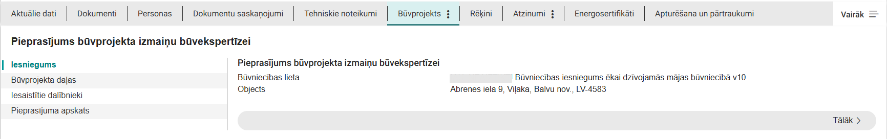 Attēls. Jauna pieprasījuma būvprojekta izmaiņu būvekspertīzei solis %22Pamatdati%22.