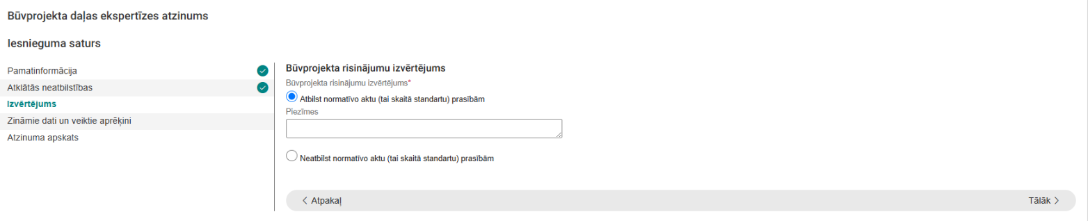 Attēls. Būvprojekta ekspertīzes atzinuma solis %22Izvērtējums%22.