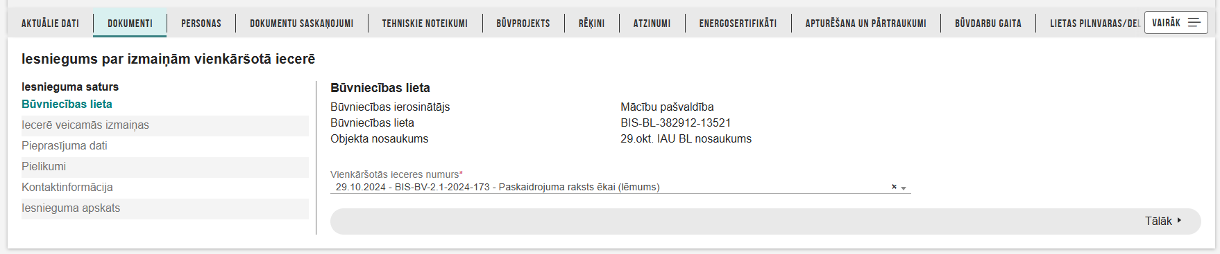 Attēls. Iesniegums par izmaiņām vienkāršotā iecerē solī %22Būvniecības lieta%22.