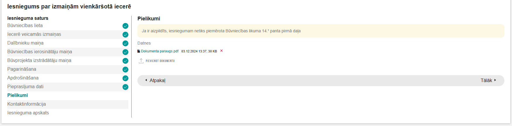 Attēls. Iesniegums par izmaiņām vienkāršotā iecerē solī %22Pielikumi%22.
