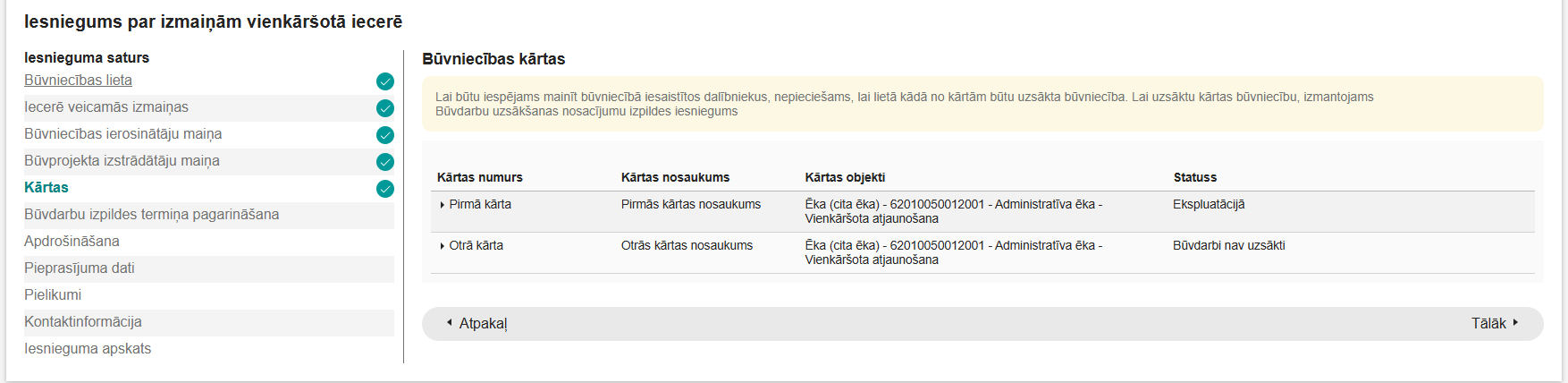 Attēls. Brīdinājums par %22Kārtām%22 iesniegumā par izmaiņām vienkāršotā iecerē.