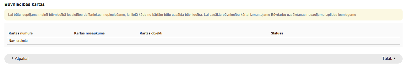 Attēls. Brīdinājums ievades solī %22Būvniecības kārtas%22 iesniegumā par izmaiņām būvatļaujā.